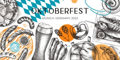 German food background in collage style. Oktoberfest menu trendy design. Vector meat dishes sketches and geometric shapes. German cuisine modern banner. Traditional Food festival illustration. 